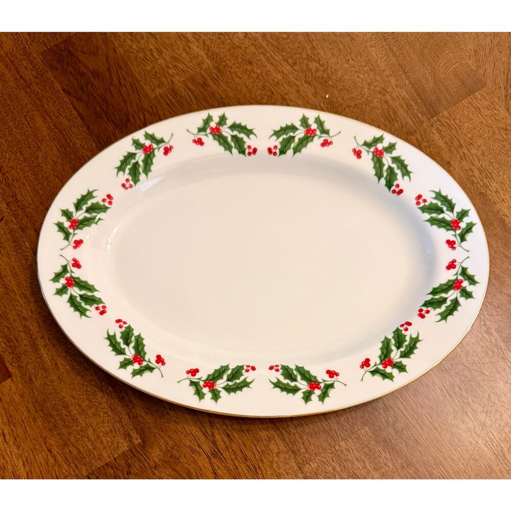 Christmas Holly Fine Porcelain 12 inch oval platter and nut dish.